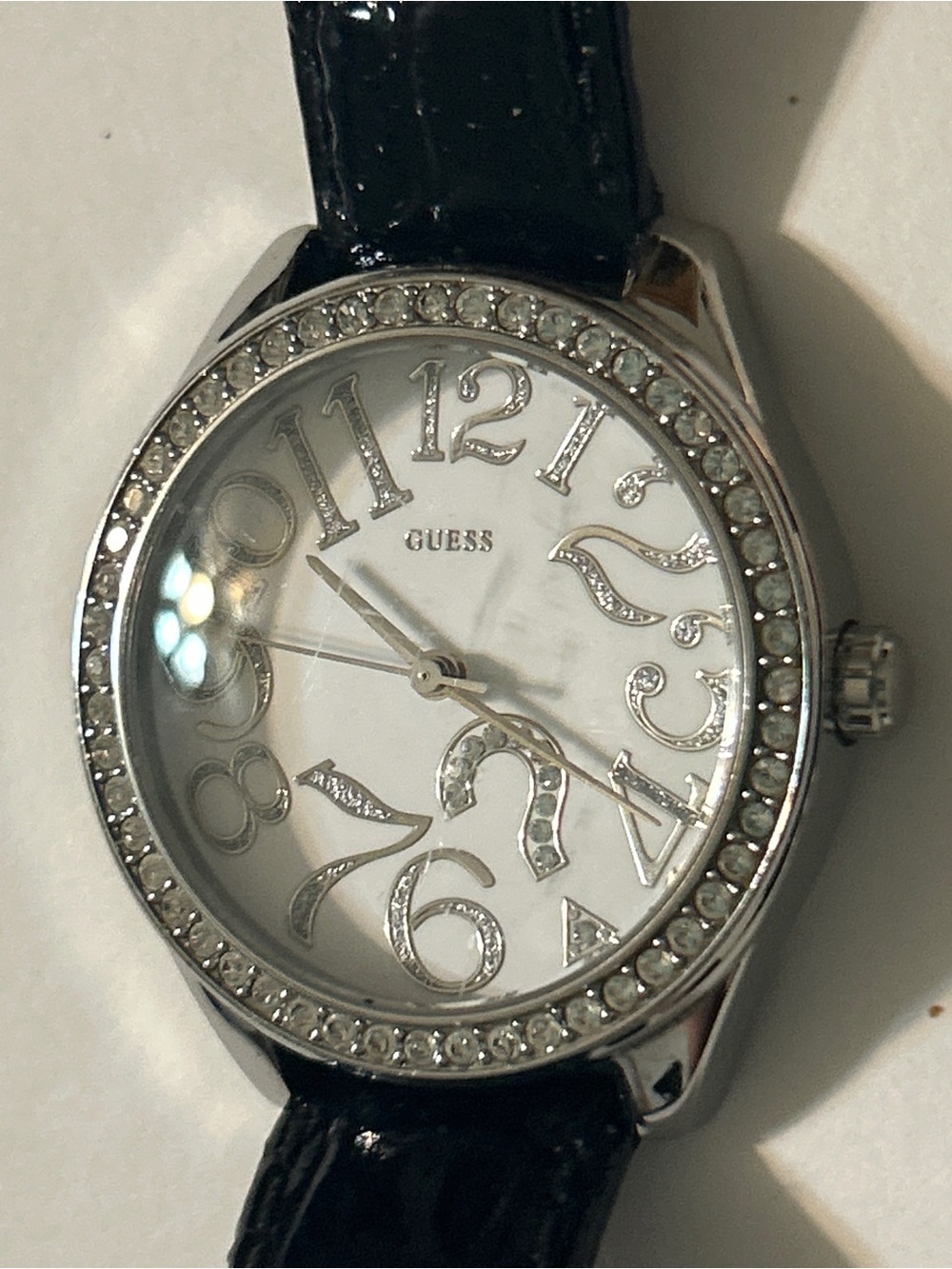 Guess Silver Tone Crystal Bezel Black Croc Leather Strap Watch